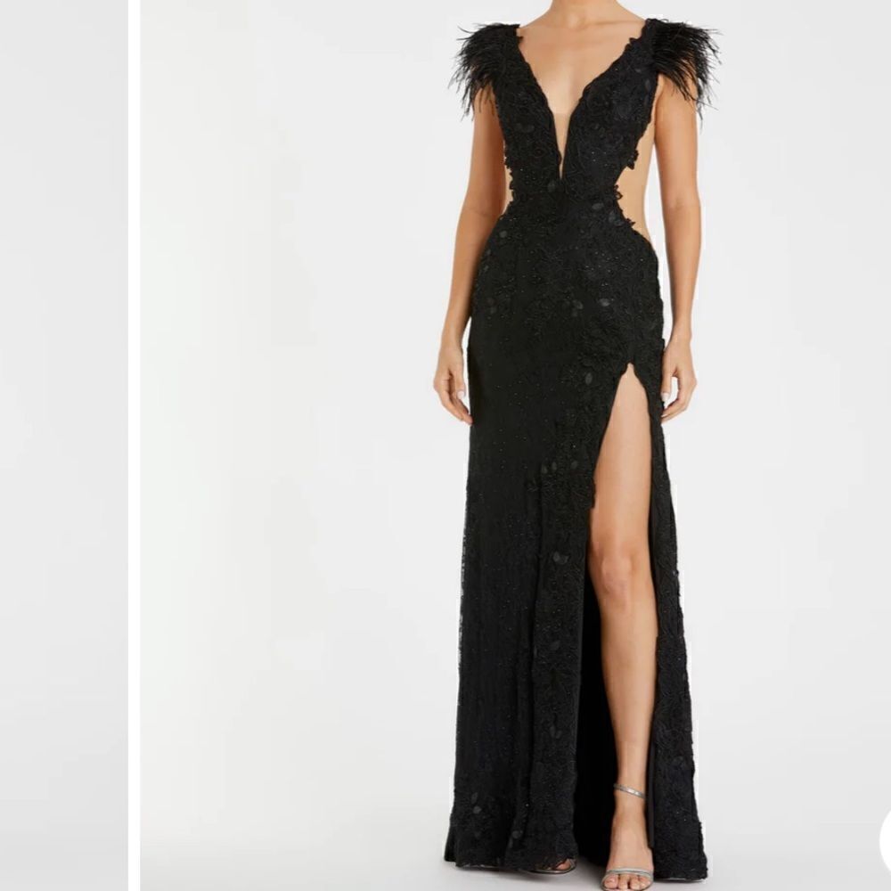 Mac Duggal Feather Trim Floral Cutout Lace
Gown